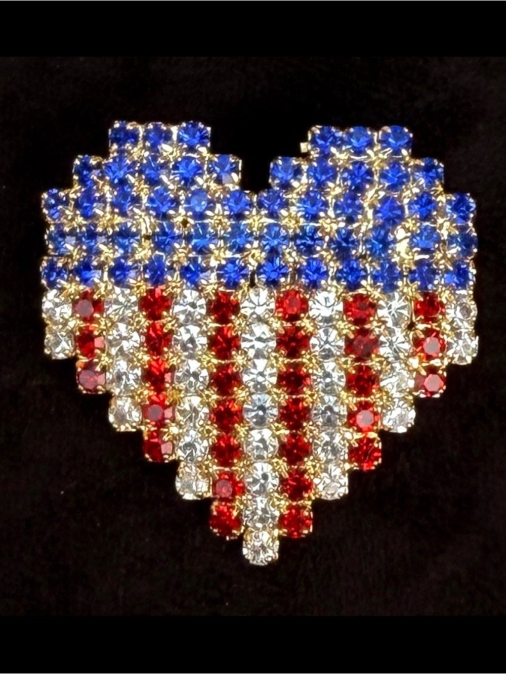 Elegant Blue Red Clear USA Heart Brooch with Crystal Accents